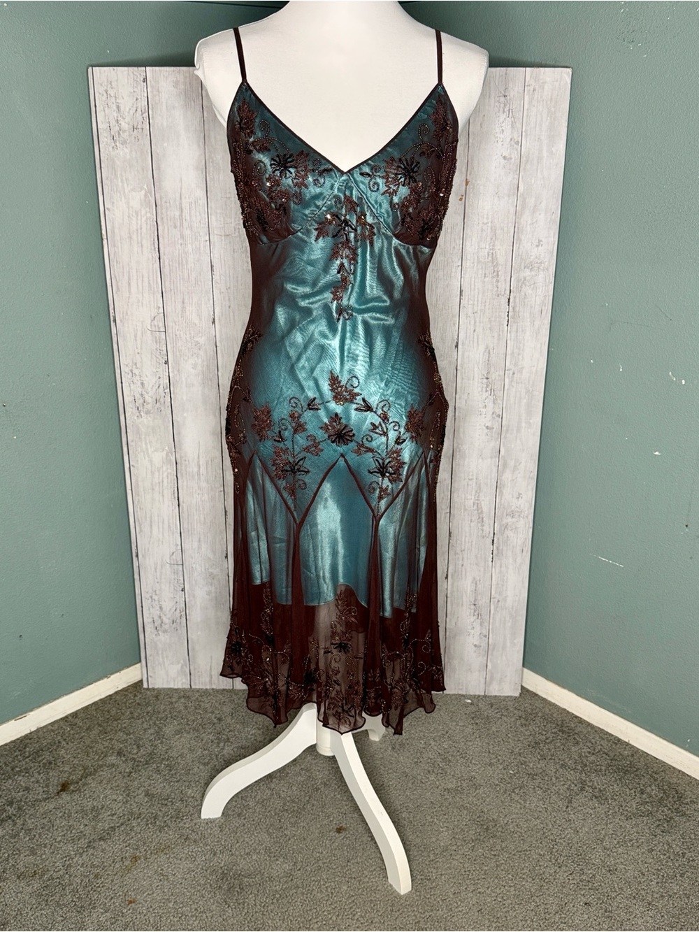 Vintage Adrianna Papell Silk Turquoise Dress with Brown Beaded Overlay